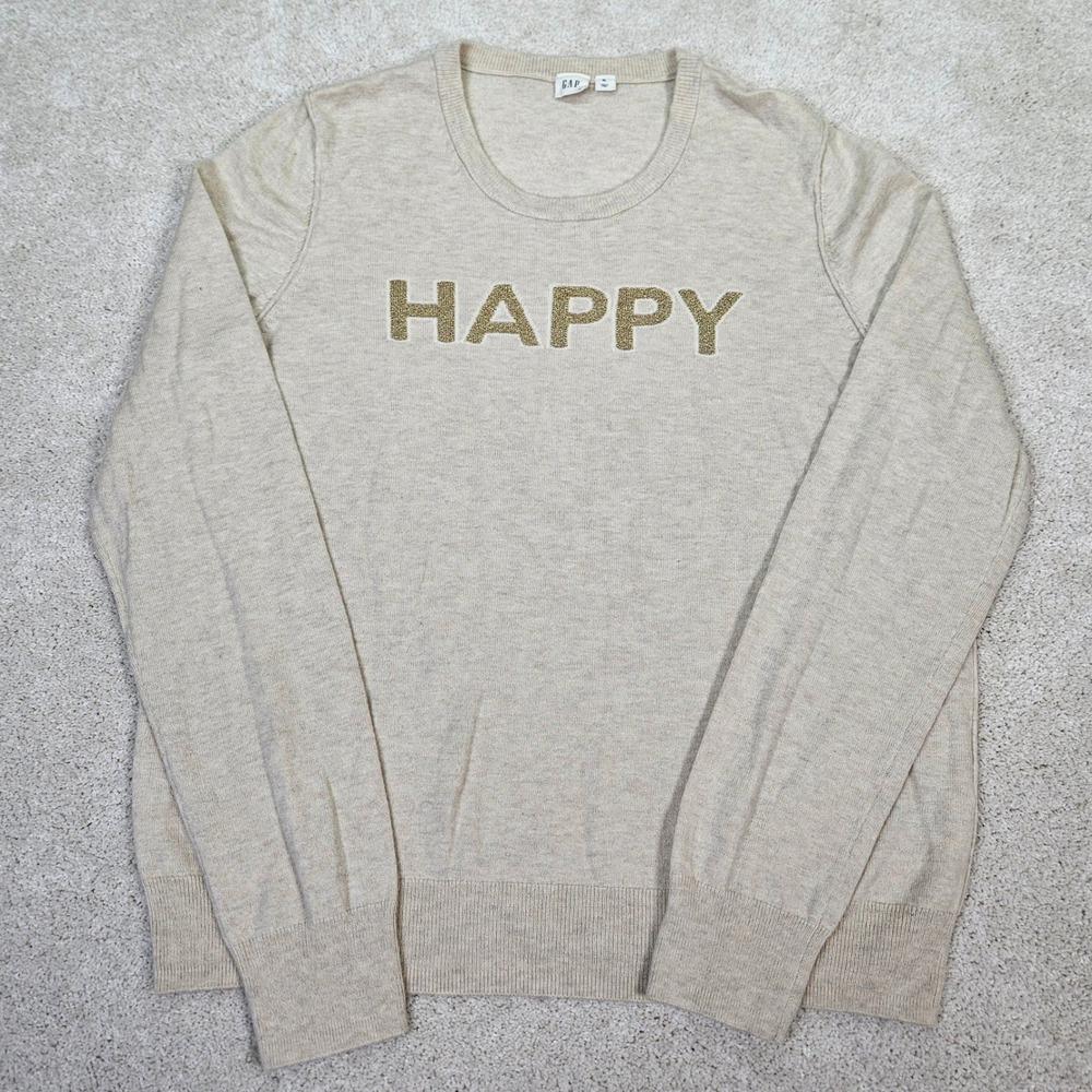 Gap Women Knit Sweater Long Sleeve Crewneck HAPPY Graphic Oatmeal XL Merino Wool